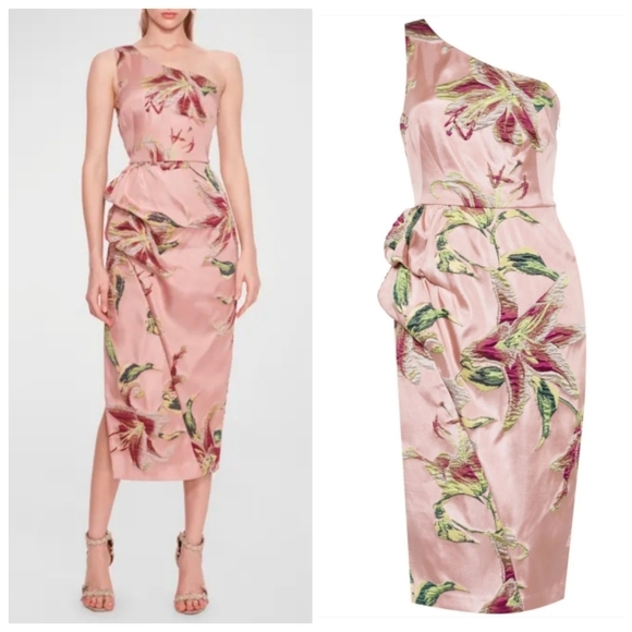 New Marchesa Notte Draped One-Shoulder Floral Jacquard Midi Cocktail Dress NWT - Picture 10 of 16
